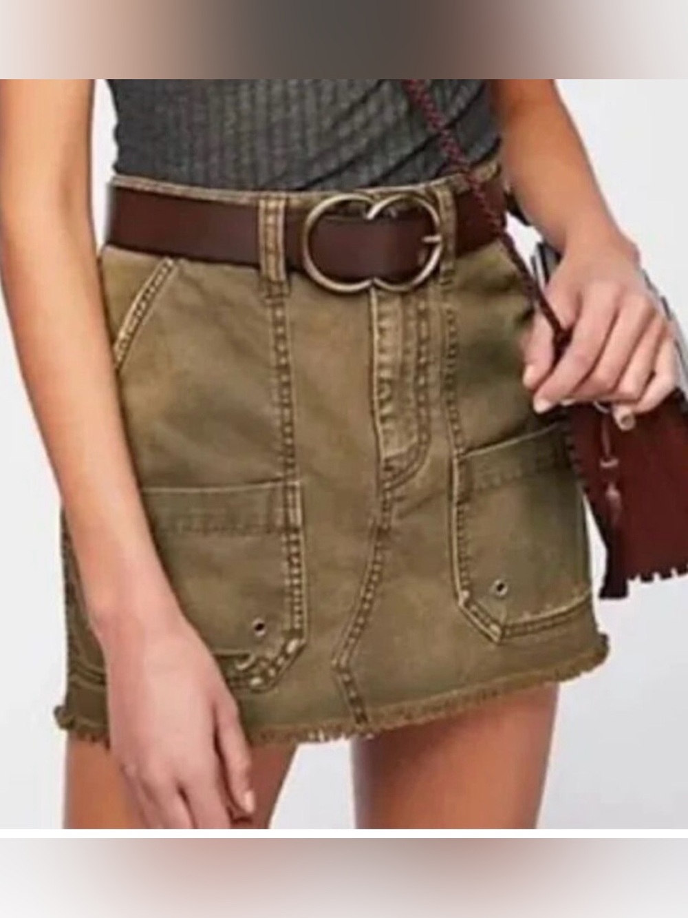 🌺Free People Olive Green Distressed Denim Mini Skirt🌺